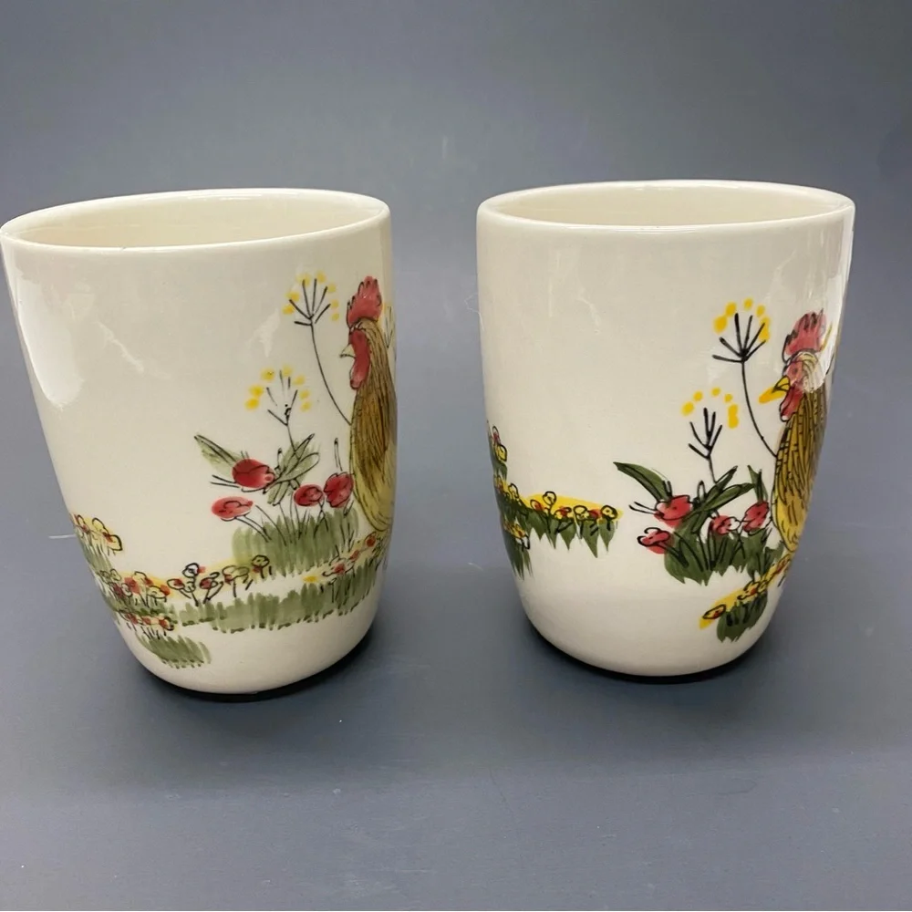 Paula Dean Set of 2 Southern Rooster Coffee Tea Cups Mugs Hand Painted Farmhouse